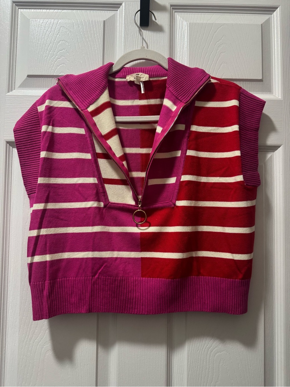 entro Pink & Red Striped Sleeveless Half-Zip Sweater Vest